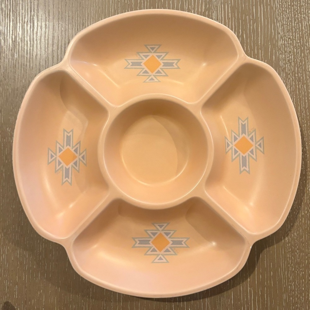 Vintage Southwest Treasure Craft Japan Divided Serving Tray Ceramic Aztec Peach